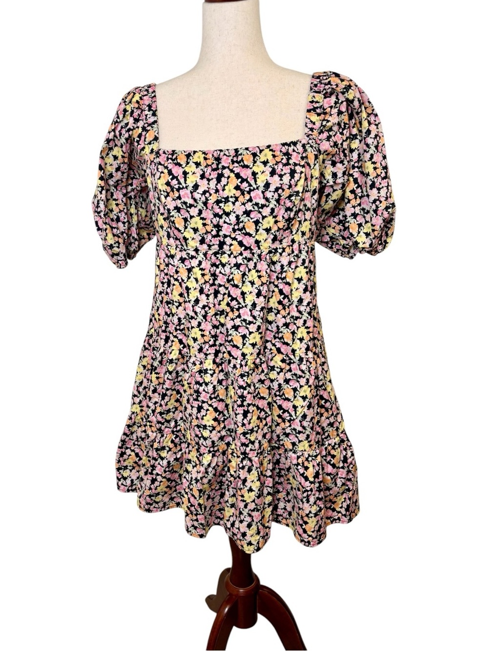 WAYF Black Floral Puff Sleeve Mini Dress Romantic Cottagecore Large